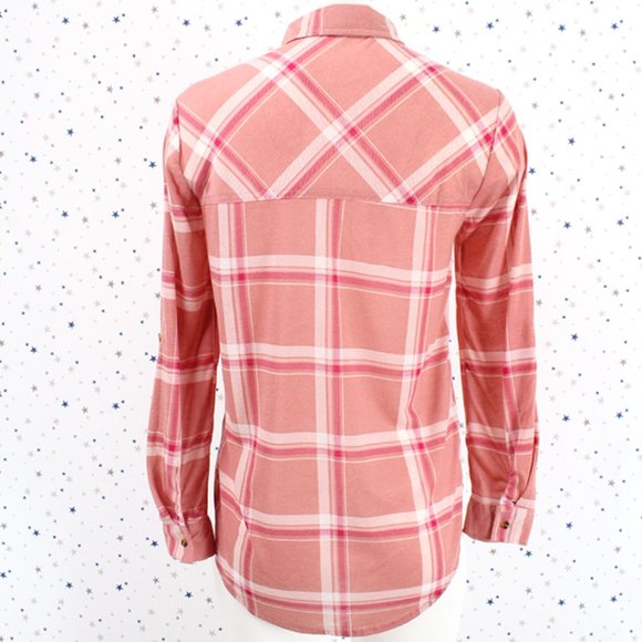 Knit Plaid Button Up Shirt Hi Lo Hem Salmon Pink - Picture 7 of 8